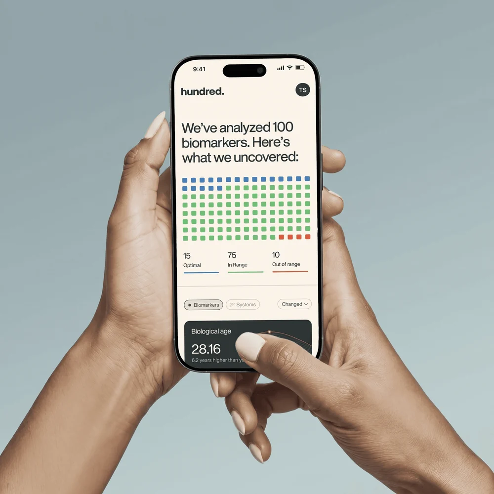 The Hundred app showing results across 100 biomarkers.